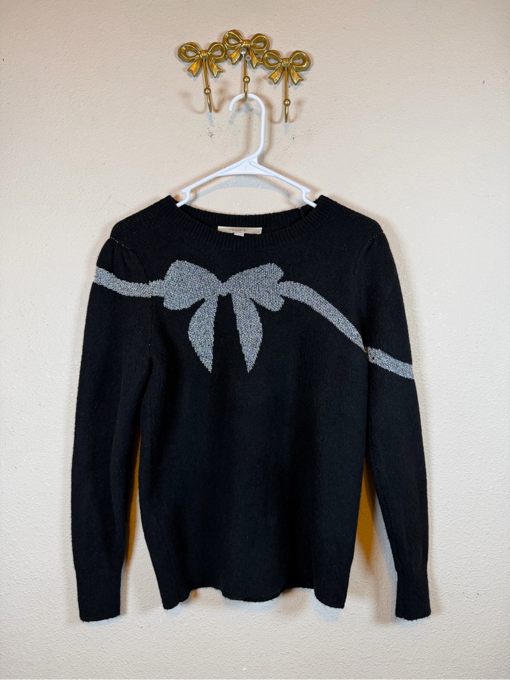 LOFT Black Crewneck Sweater with Gray/Silver Bow Accent. Size SP